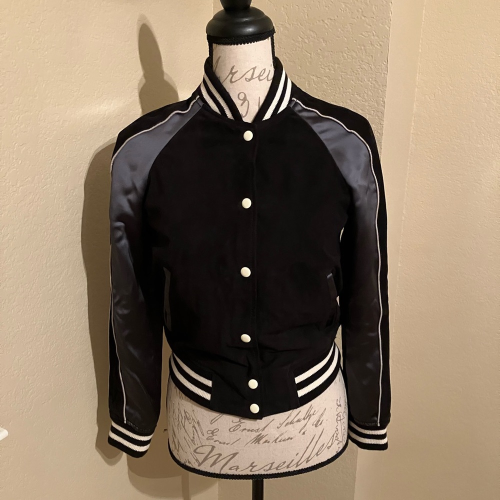 NWT Gorg All Saints Epton bomber black/petrol blue varsity jacket suede/satin